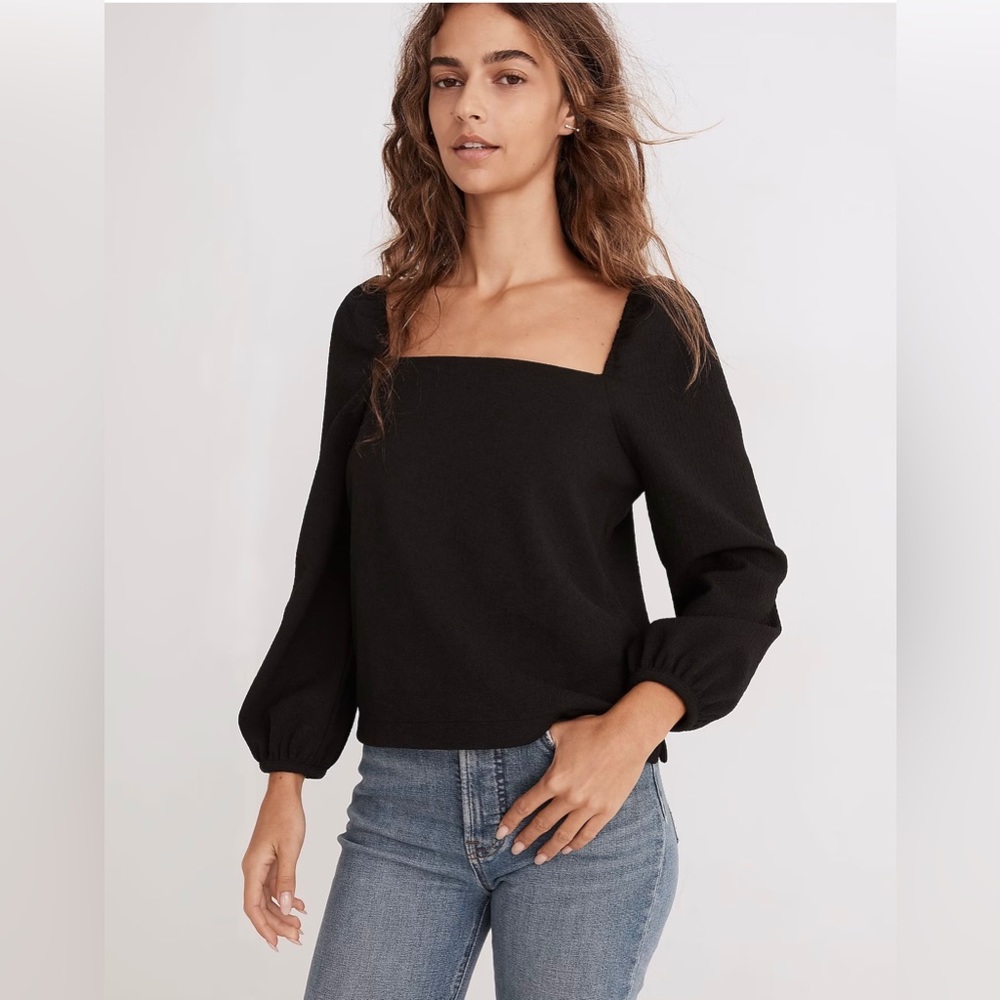 Madewell Plus Black Crepe Square-Neck Puff-Sleeve Top Size 1X